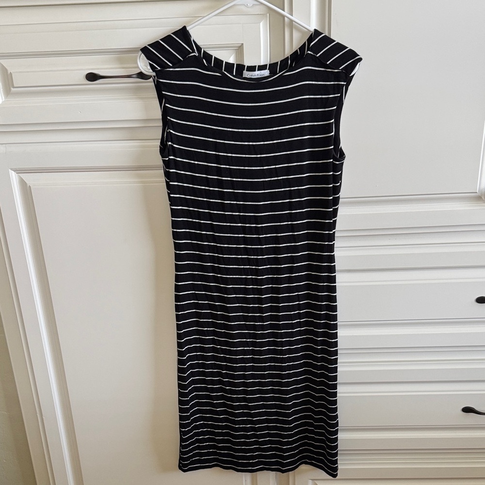 Calvin Klein Black and White Striped Midi Dress